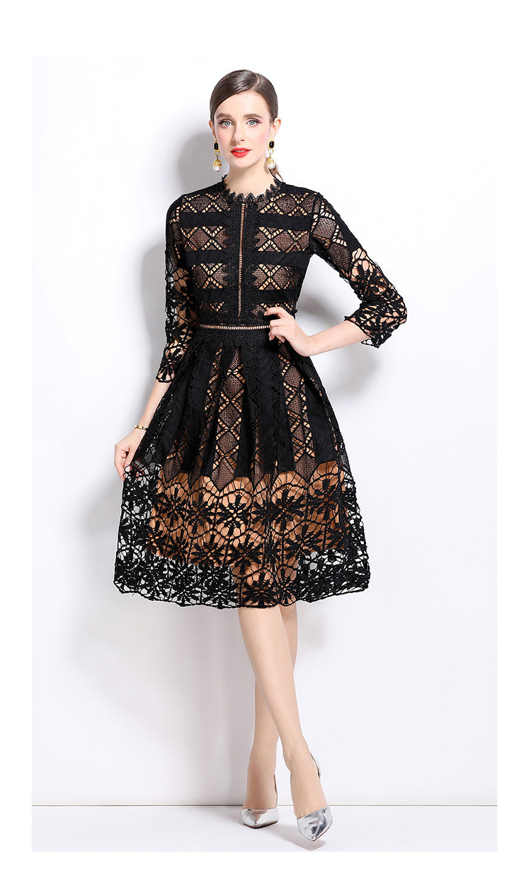 Original design mid long sleeved slimming hollow out water-soluble lace positioning printed mid length dress for spring, summer, autumn vacation