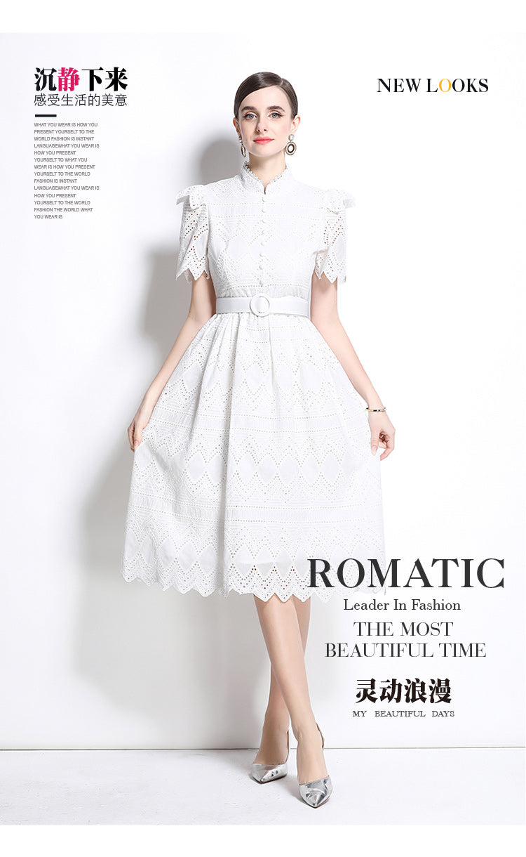 Original design elegant patchwork waist cinching short sleeved dress