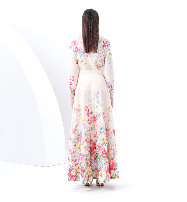 Original Design Spring/Summer Retro Style Stand up Collar High Waist Wave Edge Printed Dress Set, Two Piece