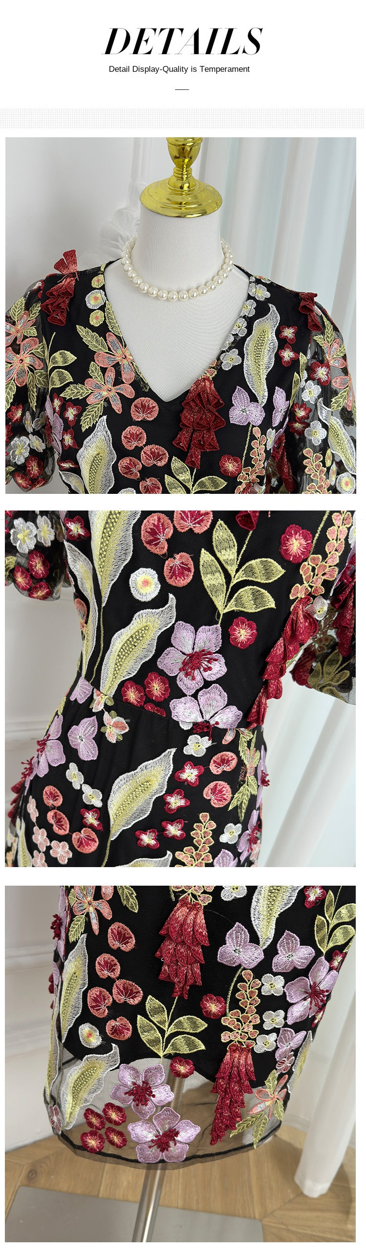 Original Design Handmade Three Dimensional Wheat Sprout Embroidered French Style Dress