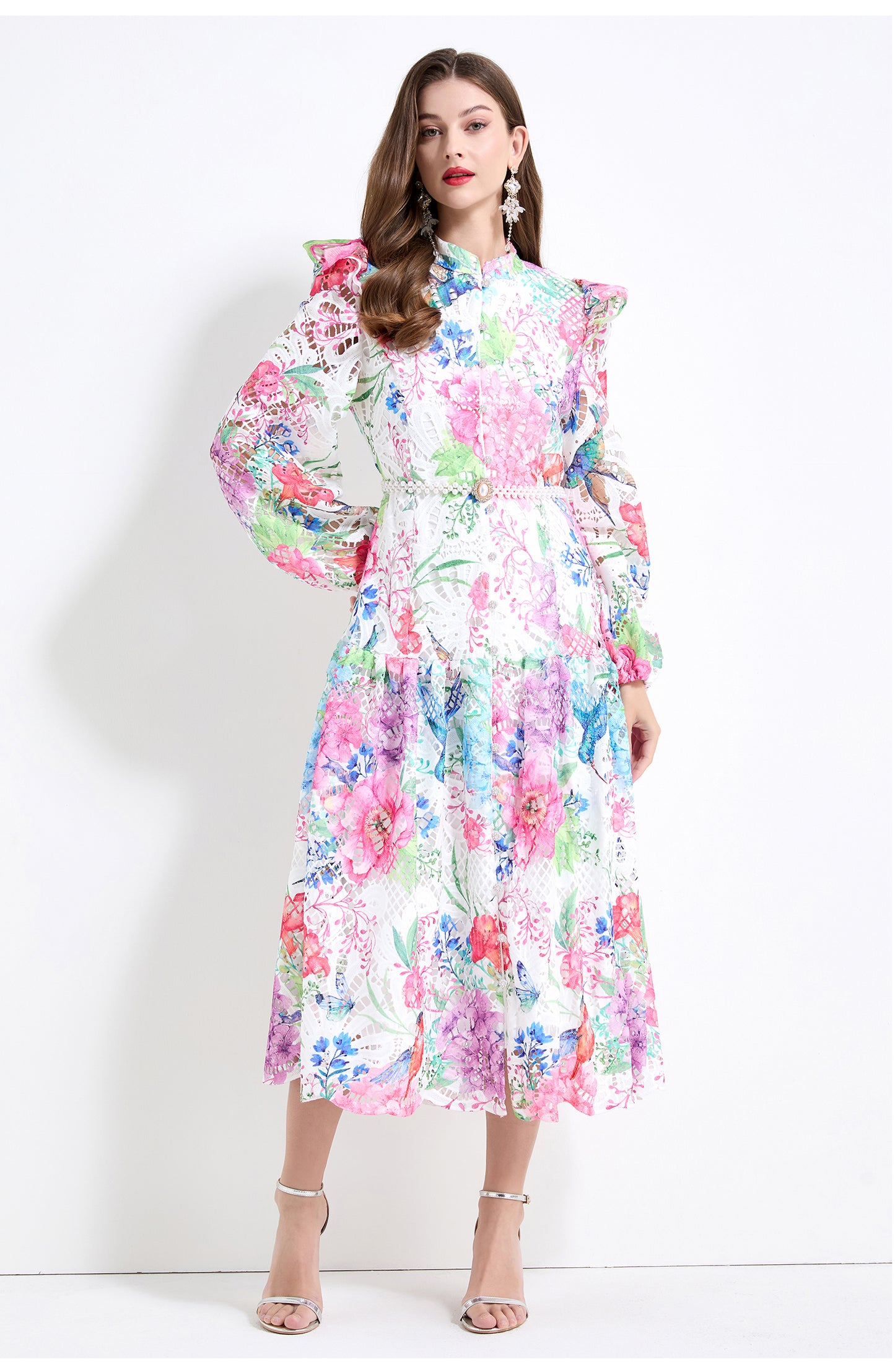 Original design - Spring/Summer vintage stand collar floral print heavy industry water-soluble long waist lace dress