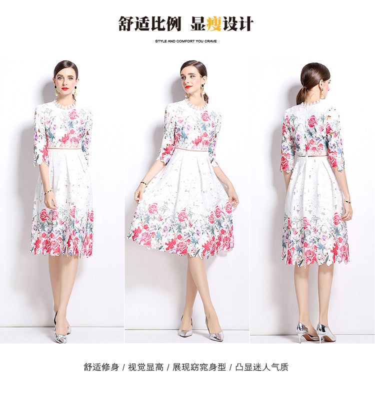 Original design mid long sleeved fashionable slimming hollow out water-soluble lace positioning mid length dress