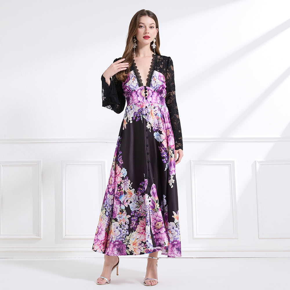 Original design - resort-inspired lace patchwork print cinched waist maxi dress with ruffles
