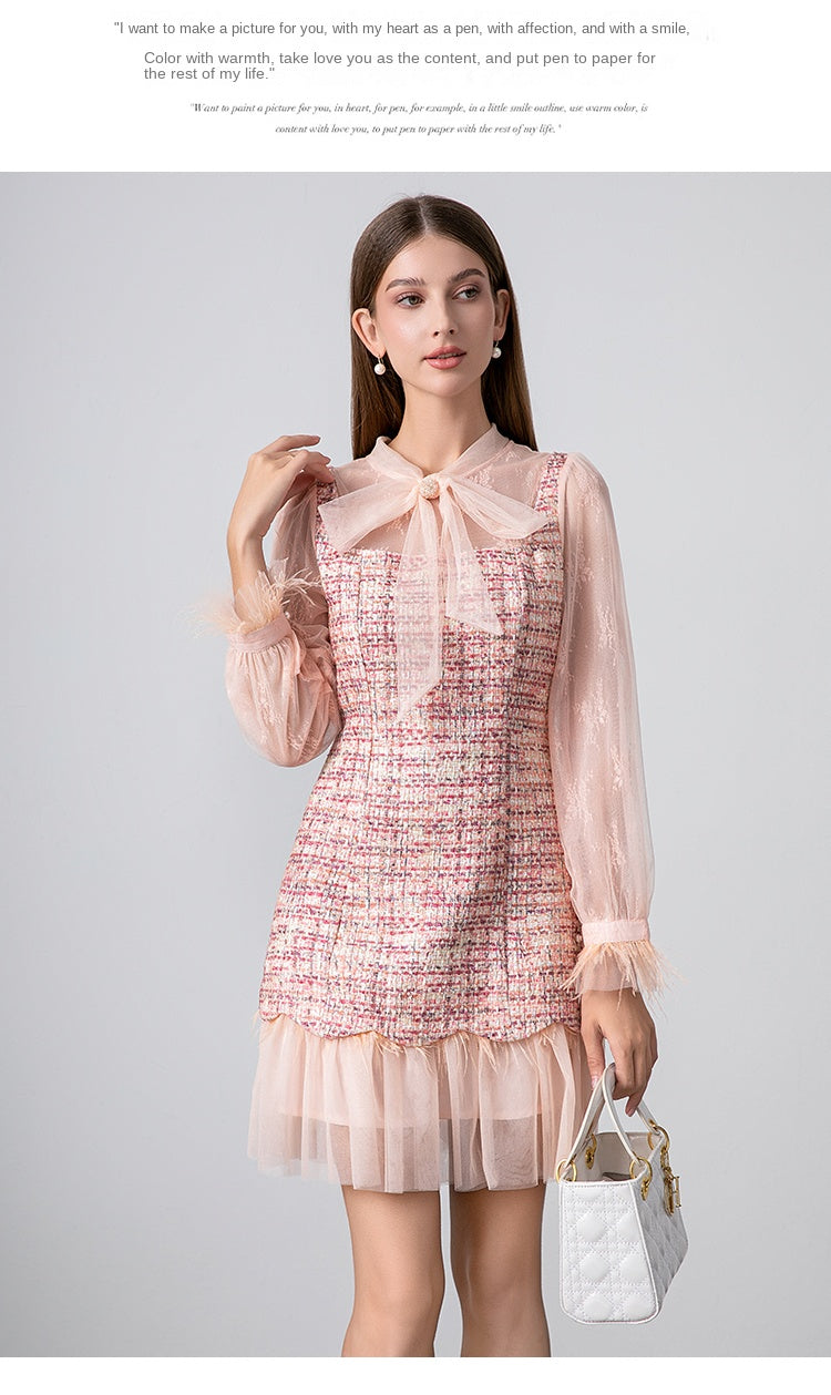 Original design: spring, summer, autumn, art lace stitching, colored tweed, small fragrance, big bow, ostrich feather dress
