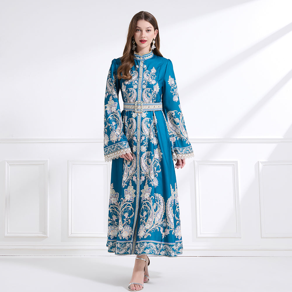 Original design - court-style vintage stand-up collar lace print tunic with large hem waist