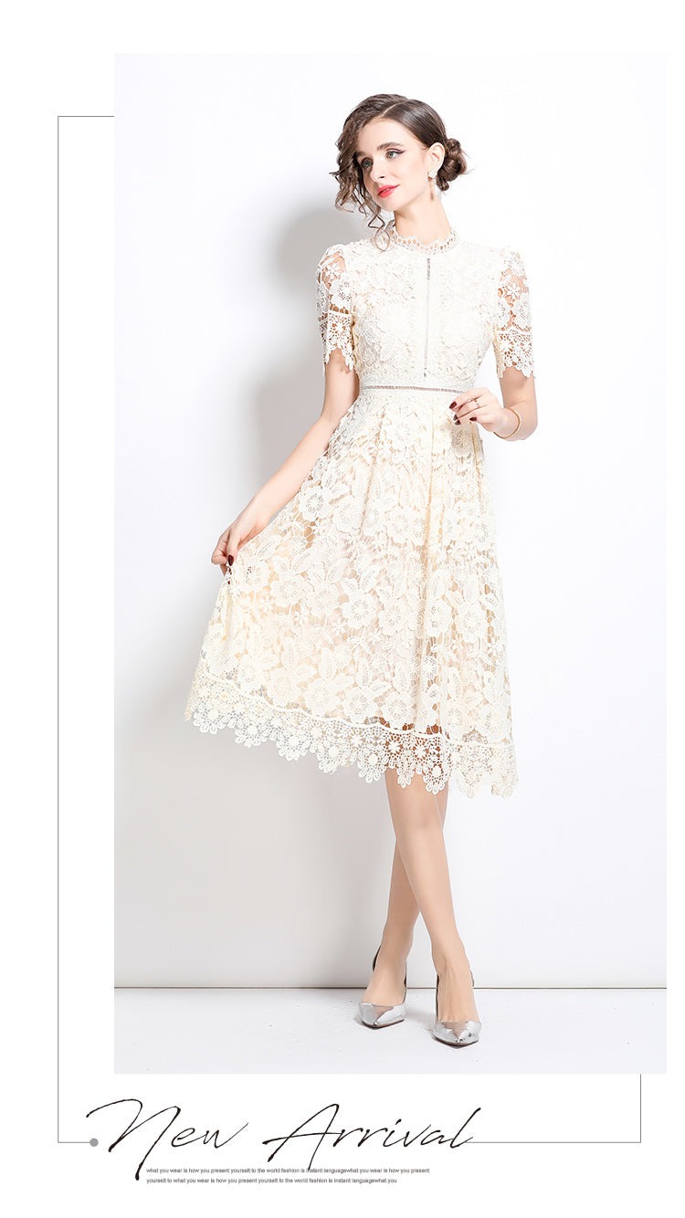 Original design short sleeved slimming hollow out water-soluble lace positioning mid length dress