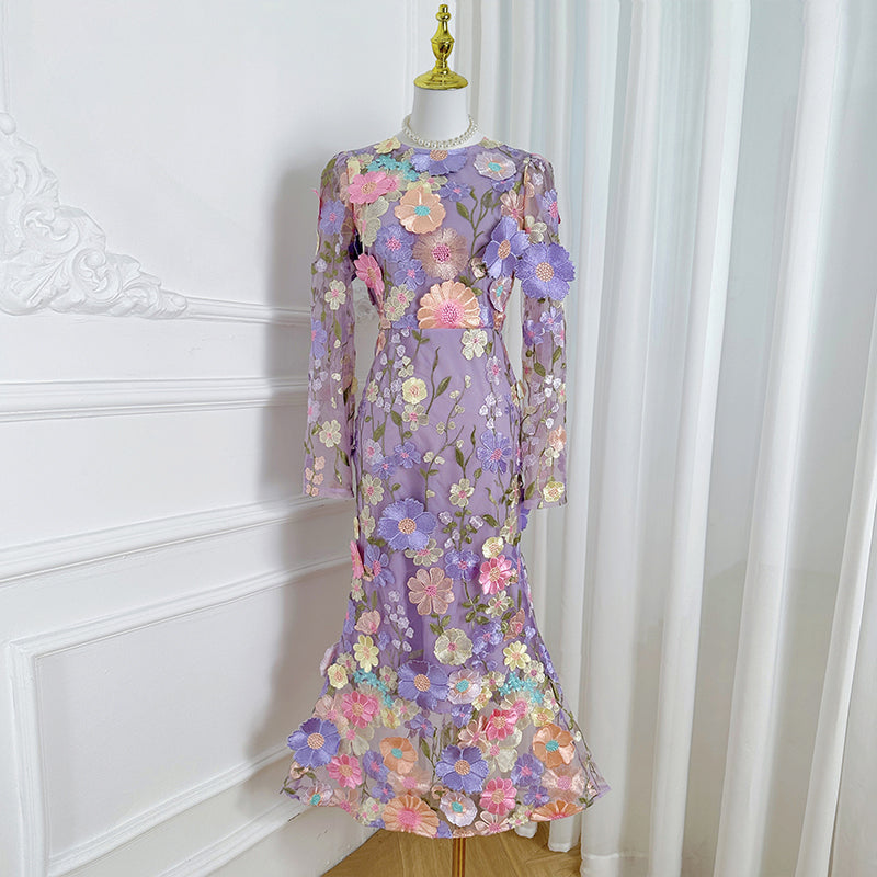 Original Design Heavy Industry Boutique Color Embroidered Handmade Three Dimensional Flower Slimming Fishtail Skirt Temperament Dress