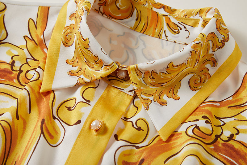 Original Design Spring/Summer Positioning Printed Collar Strap Waist Shirt Dress Large Swing A-line Skirt