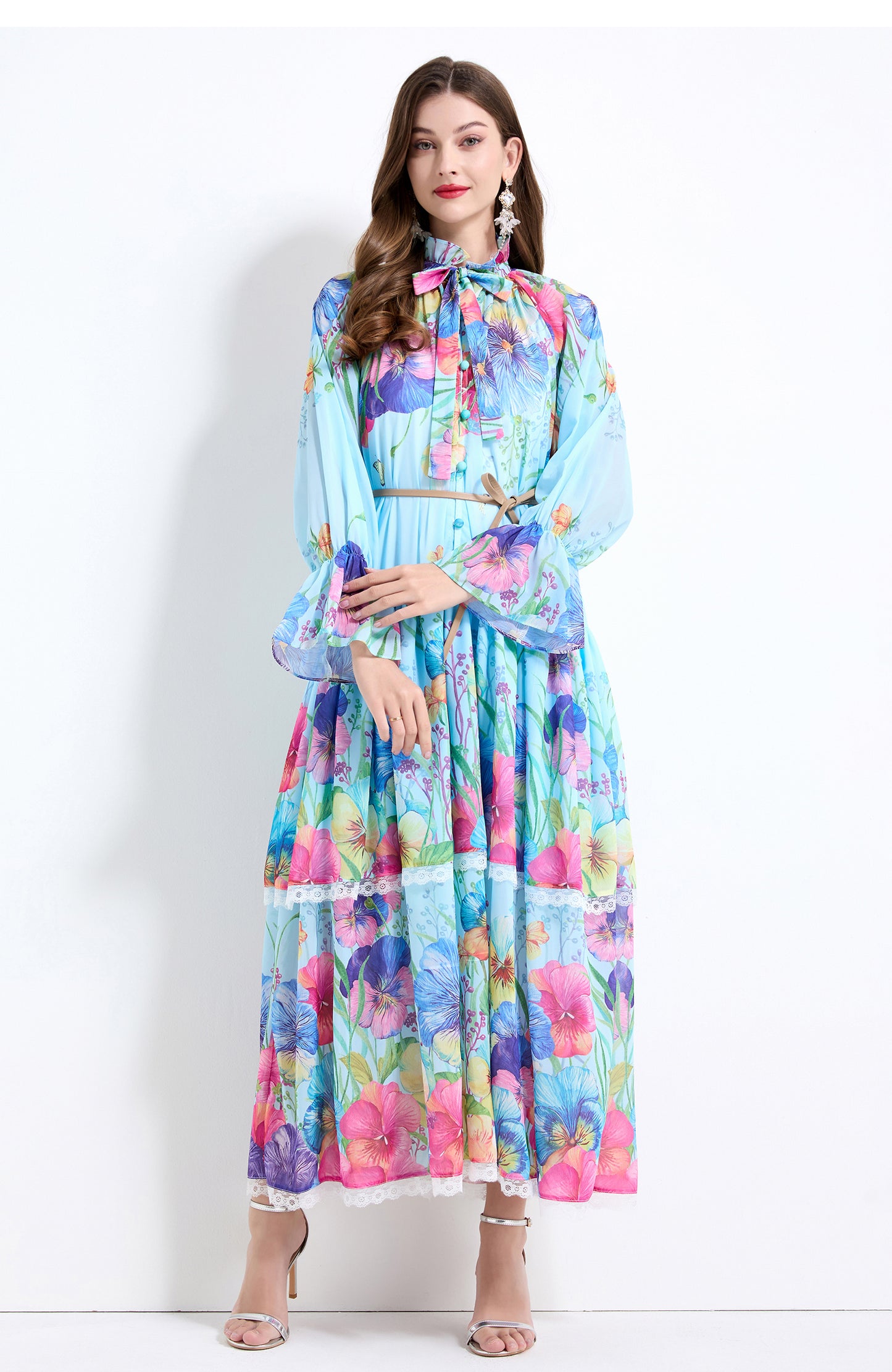 Original design - spring and summer fake lace cake skirt floral print waist ruffle skirt