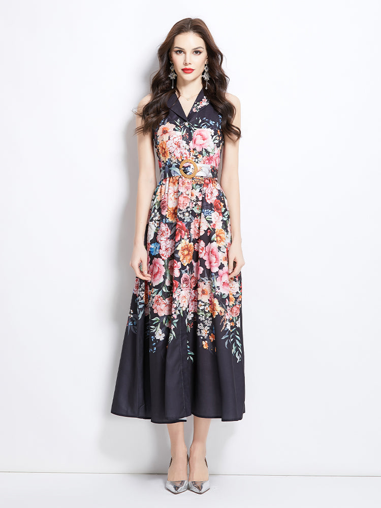 Original Design Spring/Summer Vacation Flower Oil Painting Style Shirt Long Dress