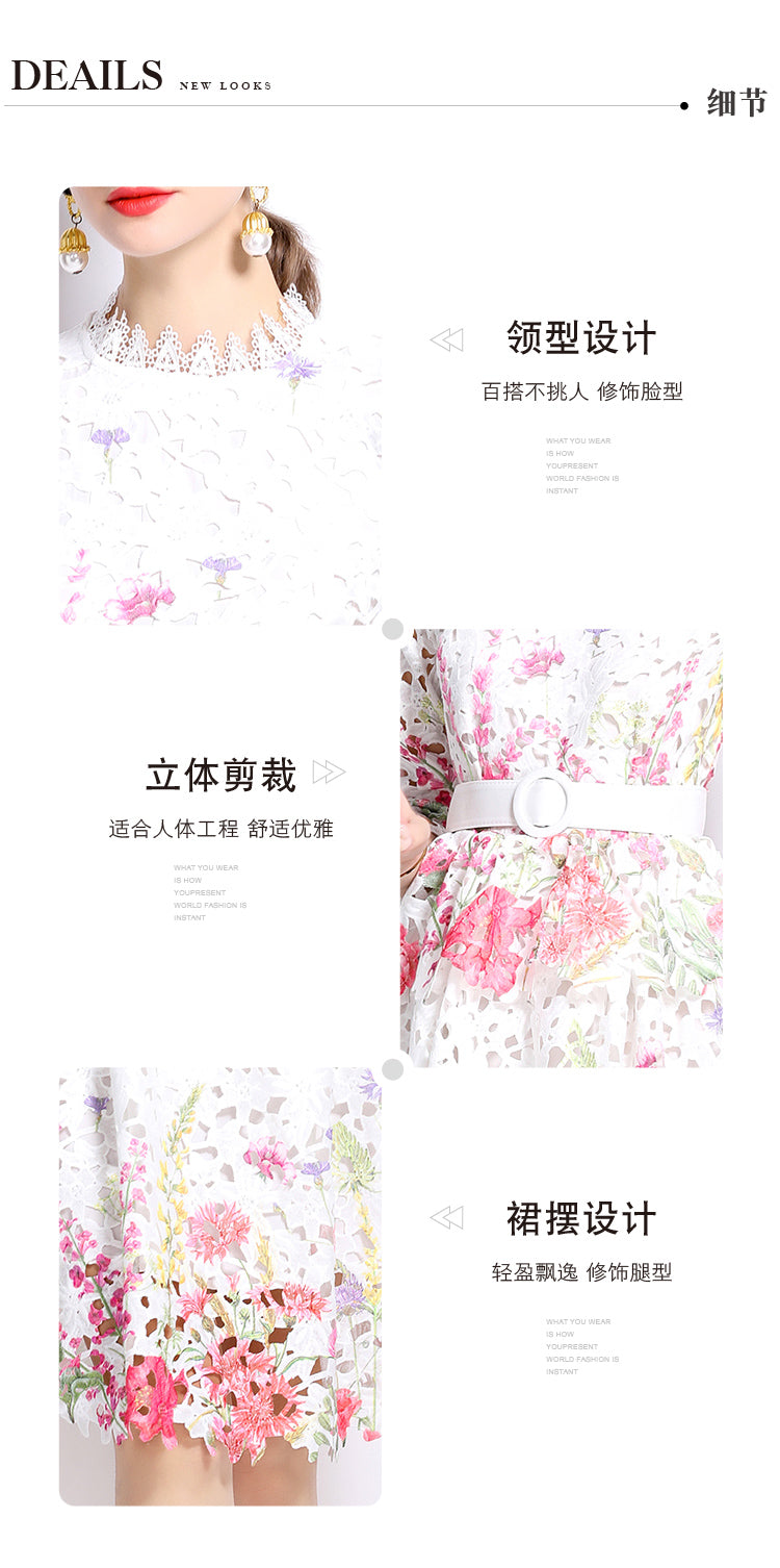 Original design mid long sleeved fashionable slimming hollow out water-soluble lace positioning mid length dress