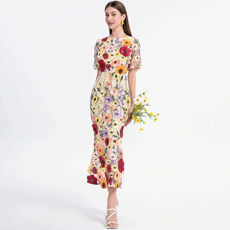 Handmade three-dimensional color embroidery puff sleeve wrap hip temperament mermaid tail skirt art handmade three-dimensional color embroidery puff sleeve hip wrap temperament mermaid skirt