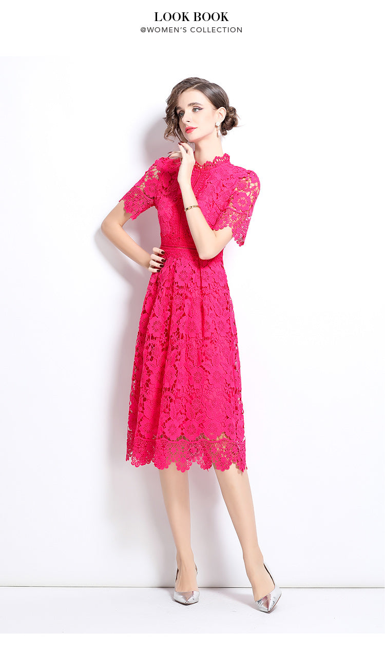Original design short sleeved slimming hollow out water-soluble lace positioning mid length dress