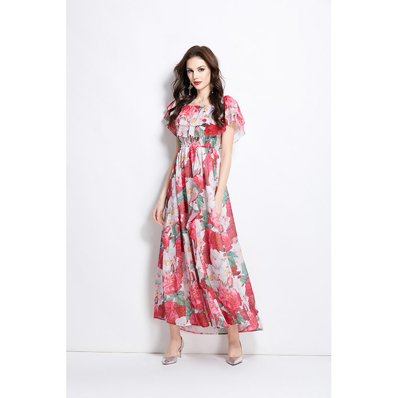 Original design for spring and summer ruffle edge one piece collar, waist cinched, big swing beach skirt, split chiffon dress