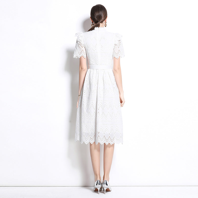 Original design elegant patchwork waist cinching short sleeved dress