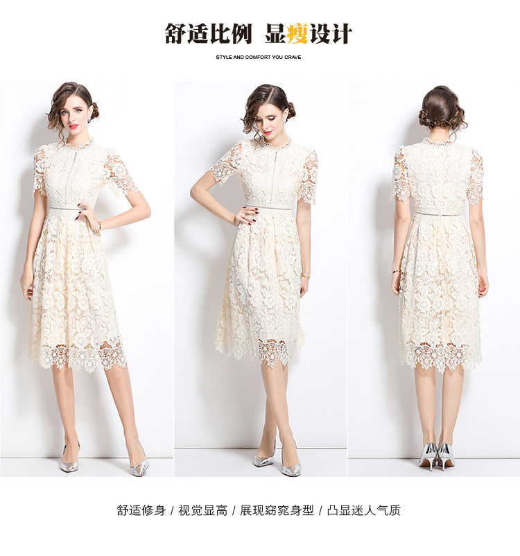 Original design short sleeved slimming hollow out water-soluble lace positioning mid length dress