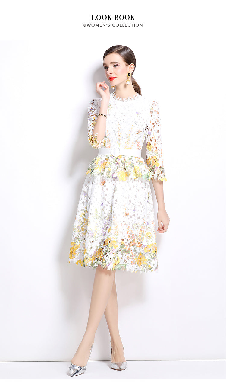 Original design mid long sleeved fashionable slimming hollow out water-soluble lace positioning mid length dress