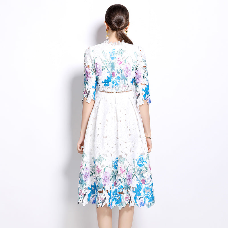 Original design mid long sleeved fashionable slimming hollow out water-soluble lace positioning mid length dress
