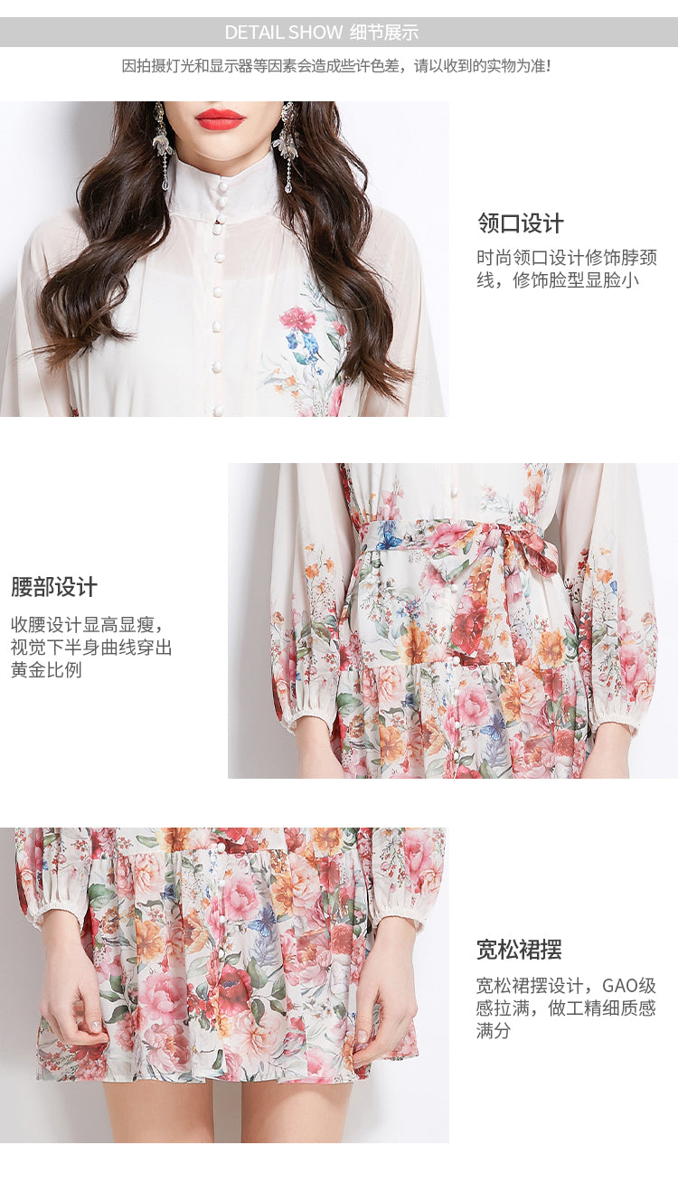 Original design for spring and summer vacation, new floral oil painting style stand up collar short dress