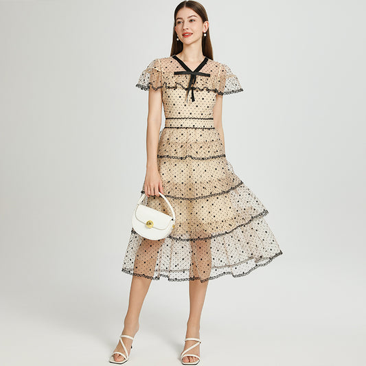 Artwork boutique embroidered flocking polka dot wave shawl cake vintage dress