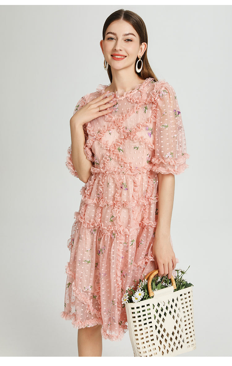 Artwork French romantic boutique custom gauze small floral embroidery short vintage cake dress