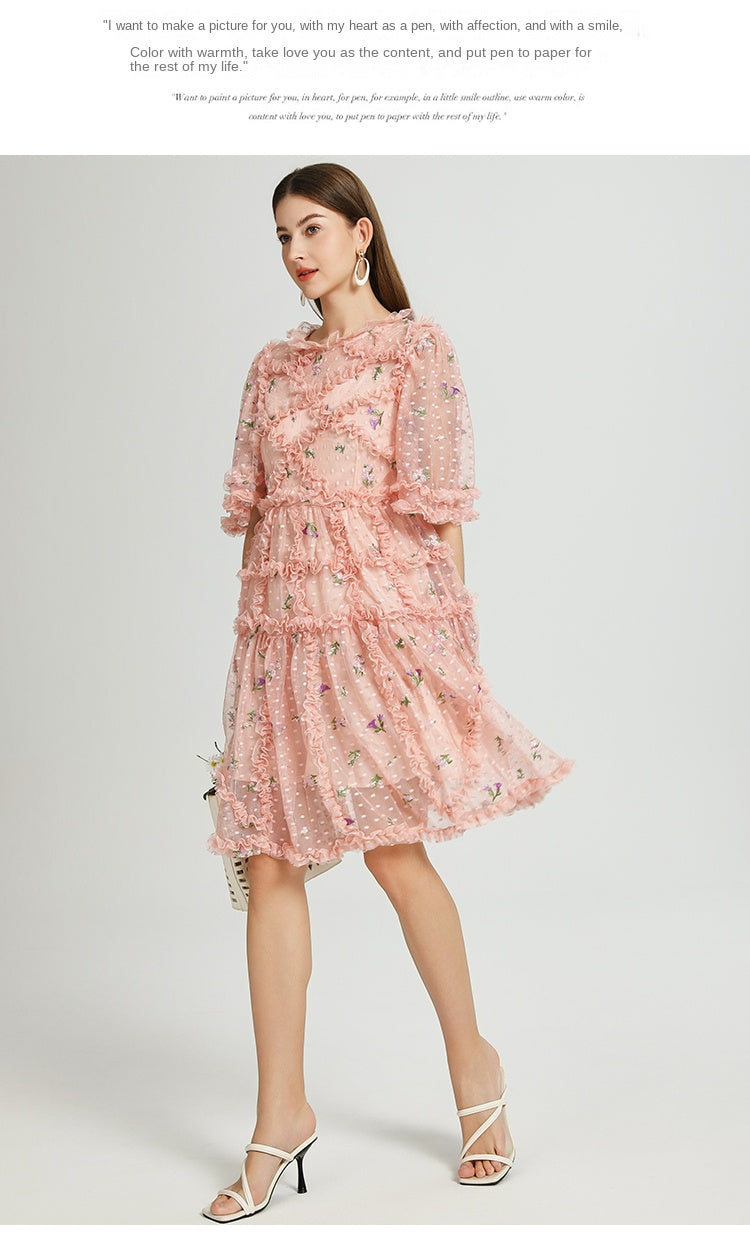 Artwork French romantic boutique custom gauze small floral embroidery short vintage cake dress