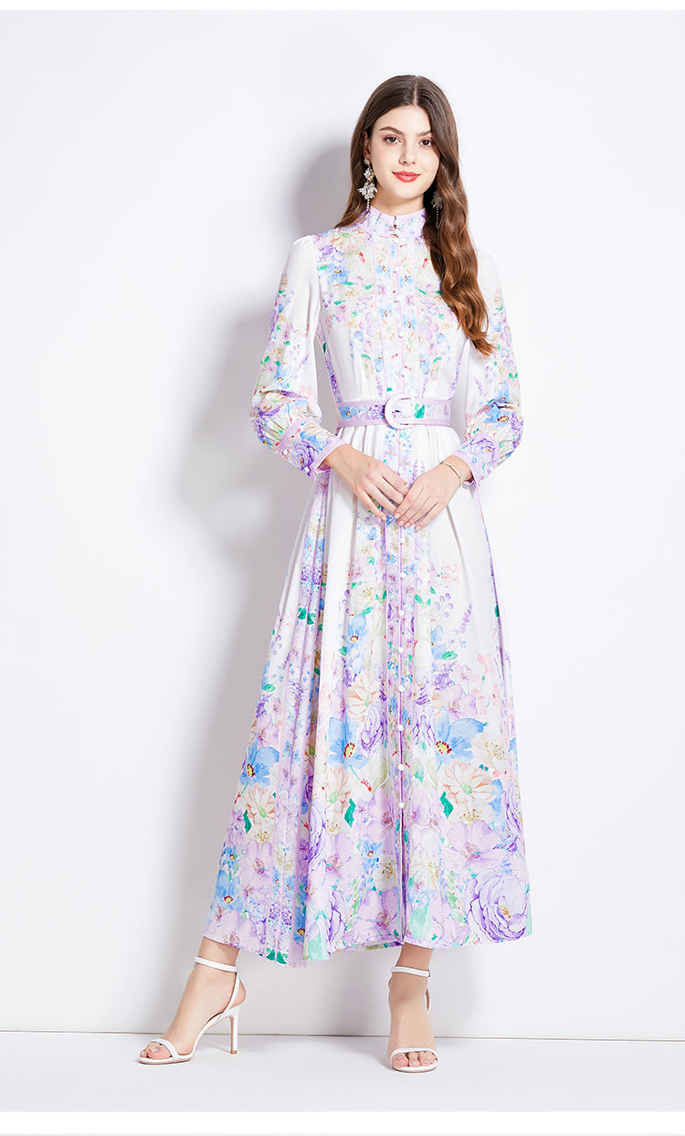 Original Design Spring/Summer Autumn Vacation New Flower Oil Painting Style Stand up Collar Long Dress