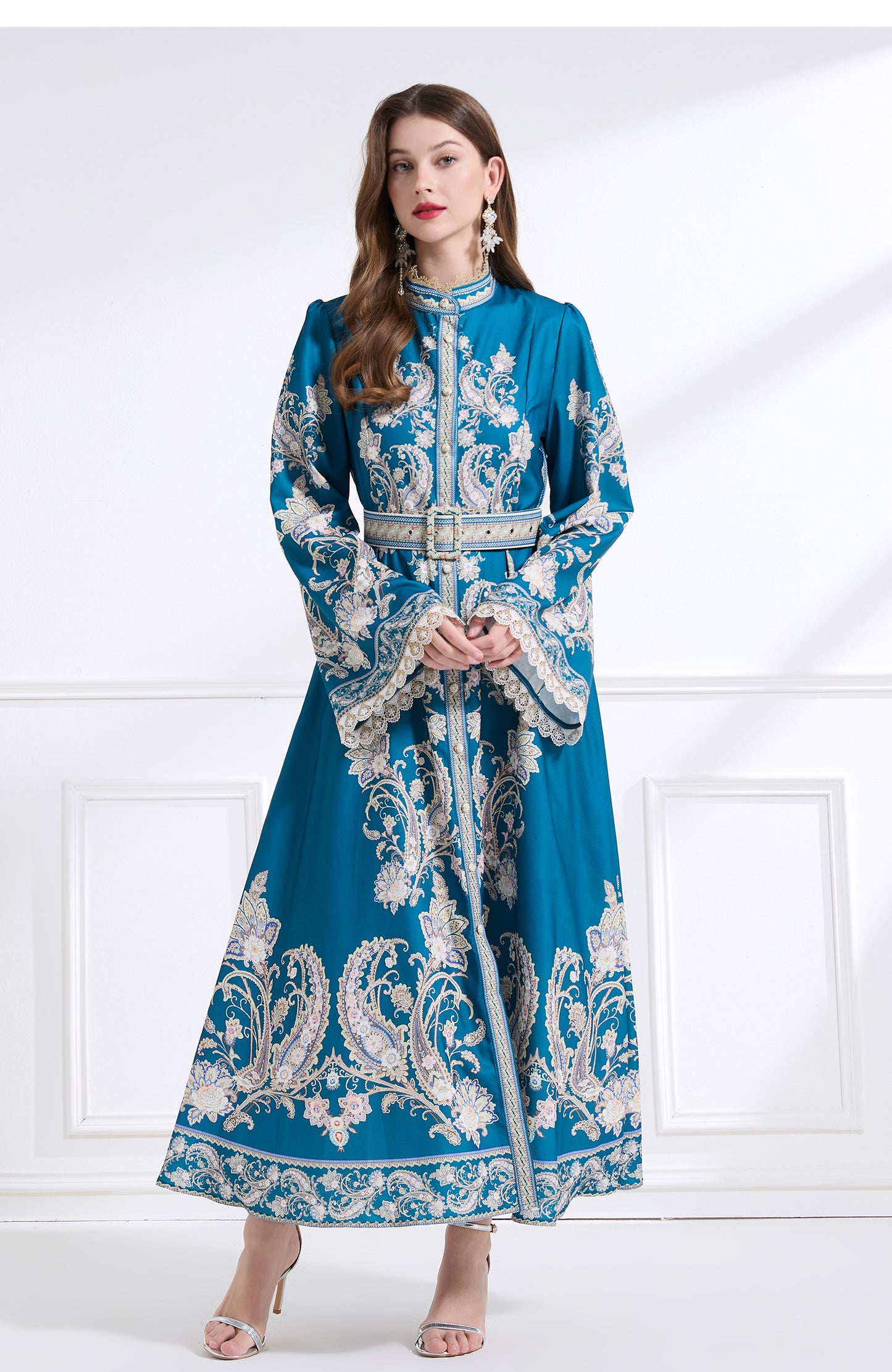 Original design - court-style vintage stand-up collar lace print tunic with large hem waist