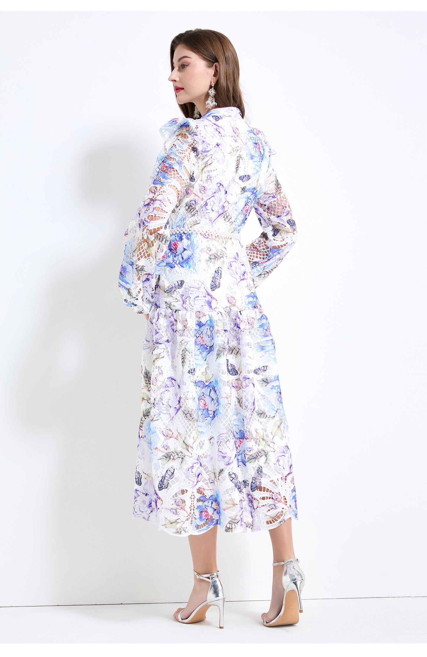 Original design - Spring/Summer vintage stand collar floral print heavy industry water-soluble long waist lace dress
