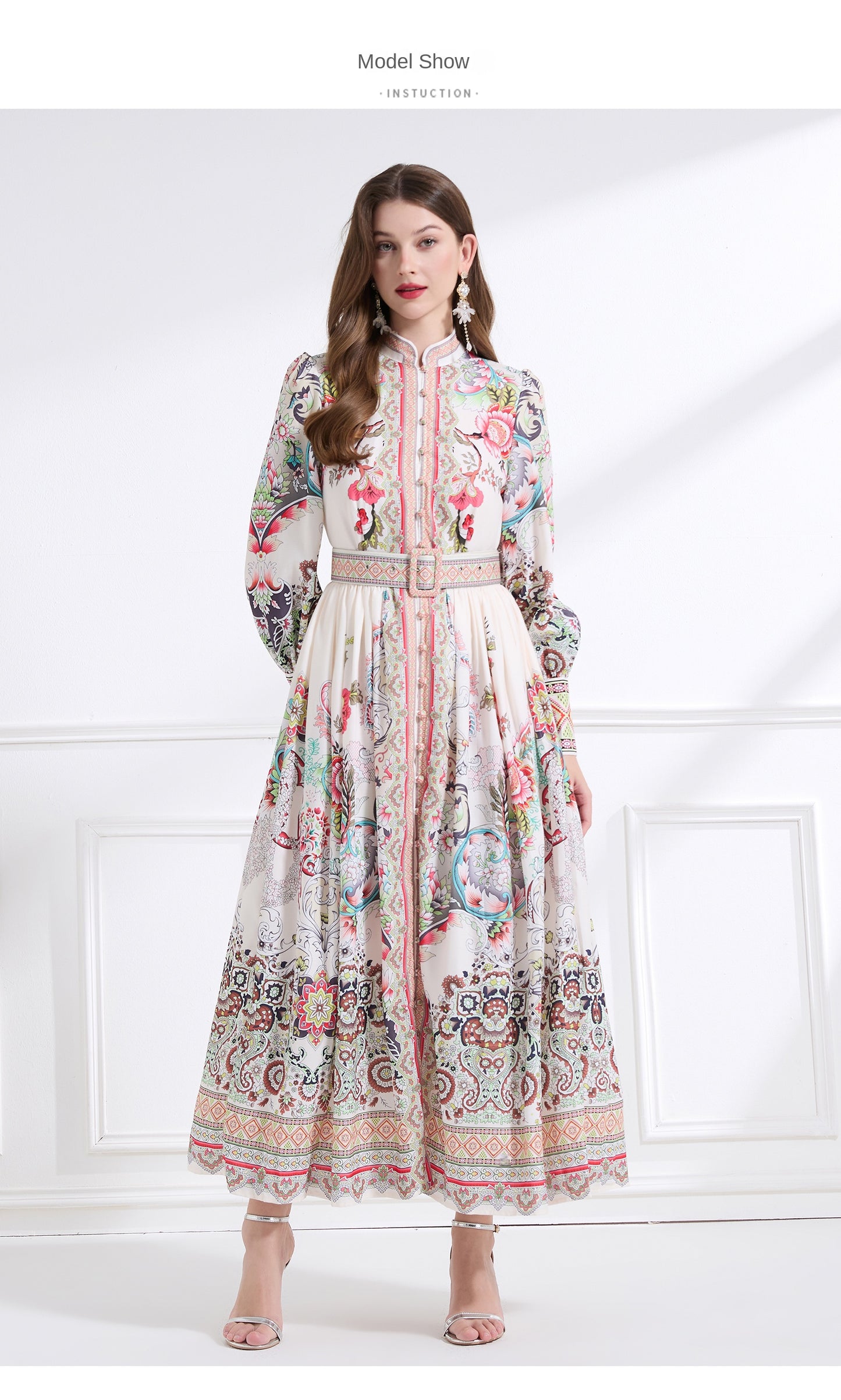 Original design - Spring, Summer, Autumn court style stand collar vintage print balloon sleeve ruffled maxi dress