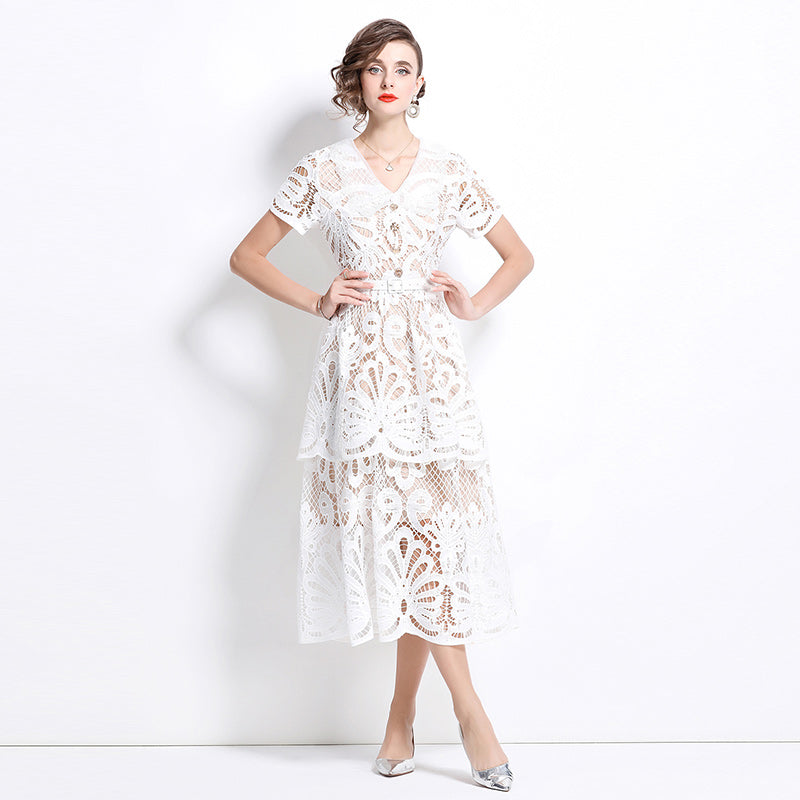 Original Design: Spring/Summer French Luxury Water soluble Embroidered Medium length Skirt with V-neck and Waist cinching to Look Thin Dress