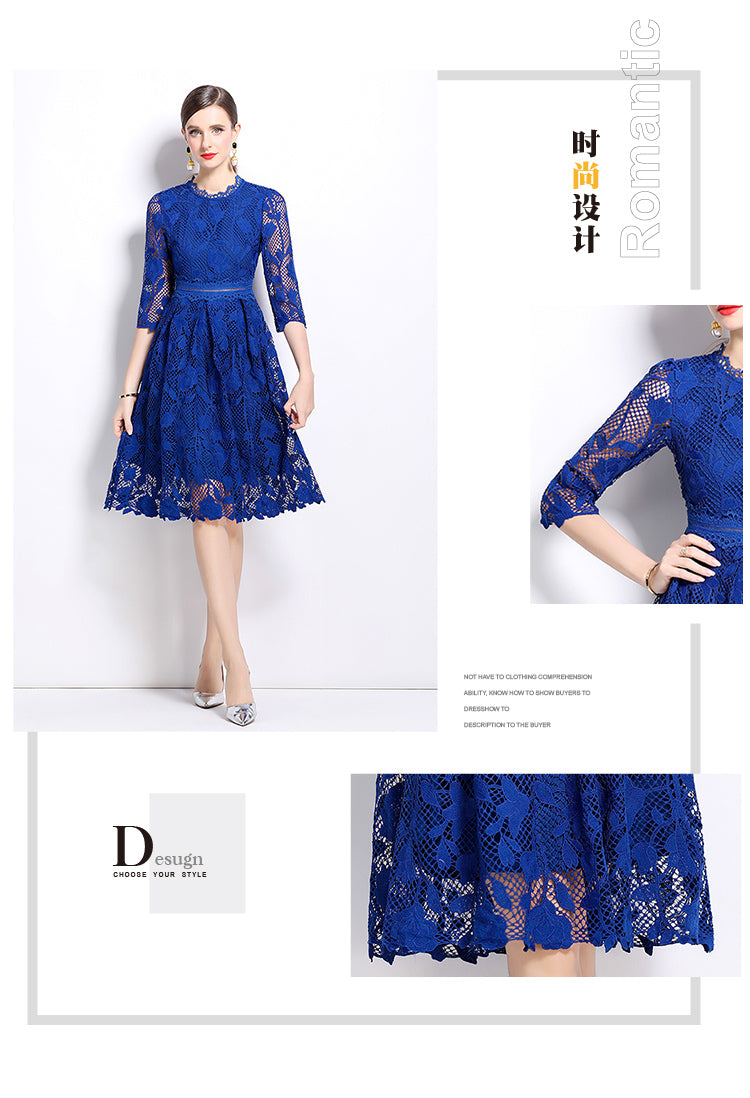 Original design mid long sleeved fashionable slimming hollow out water-soluble lace positioning mid length dress