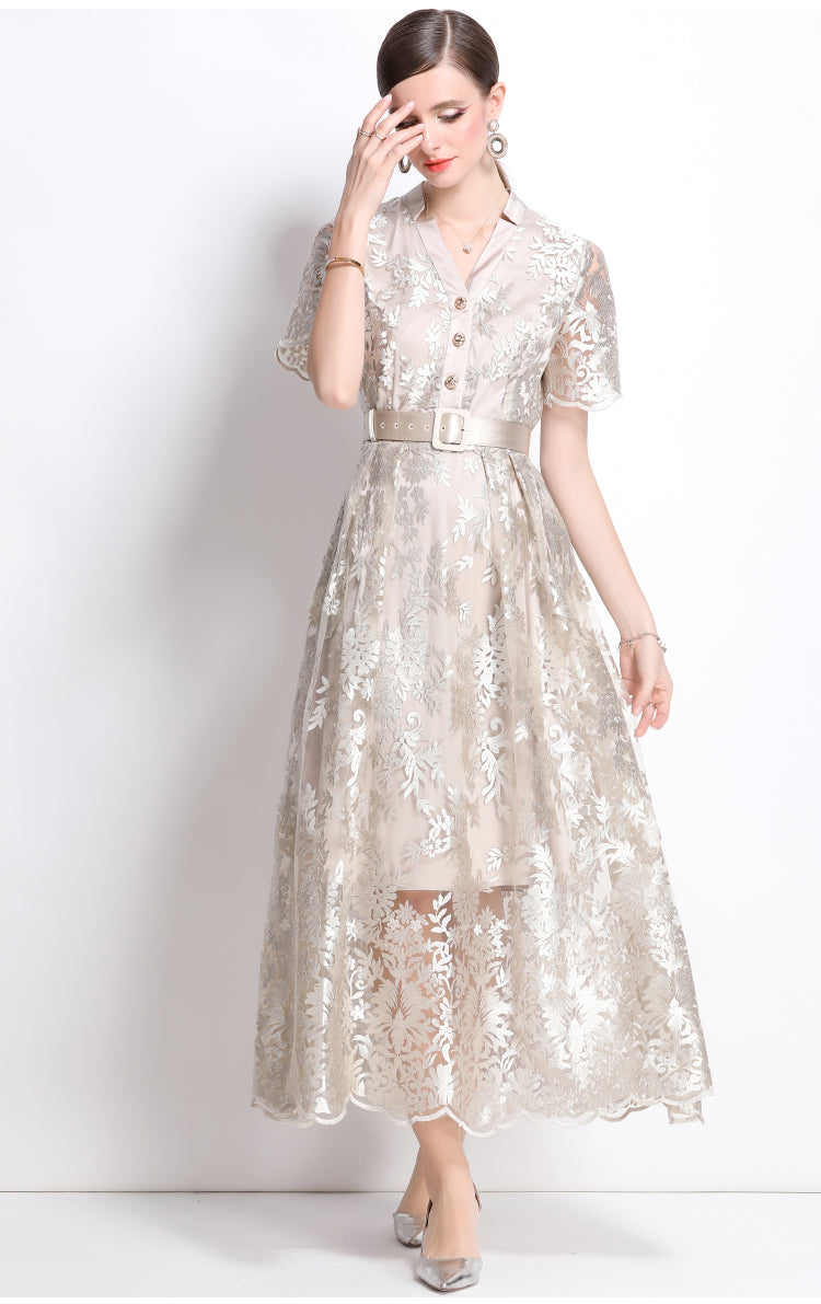 Original design mesh embroidered long dress with pockets, V-neck slim fit dress and belt