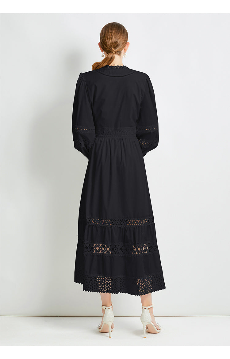 Original design fashionable temperament V-neck patchwork lace hollow out design sense long sleeved waist cinching dress