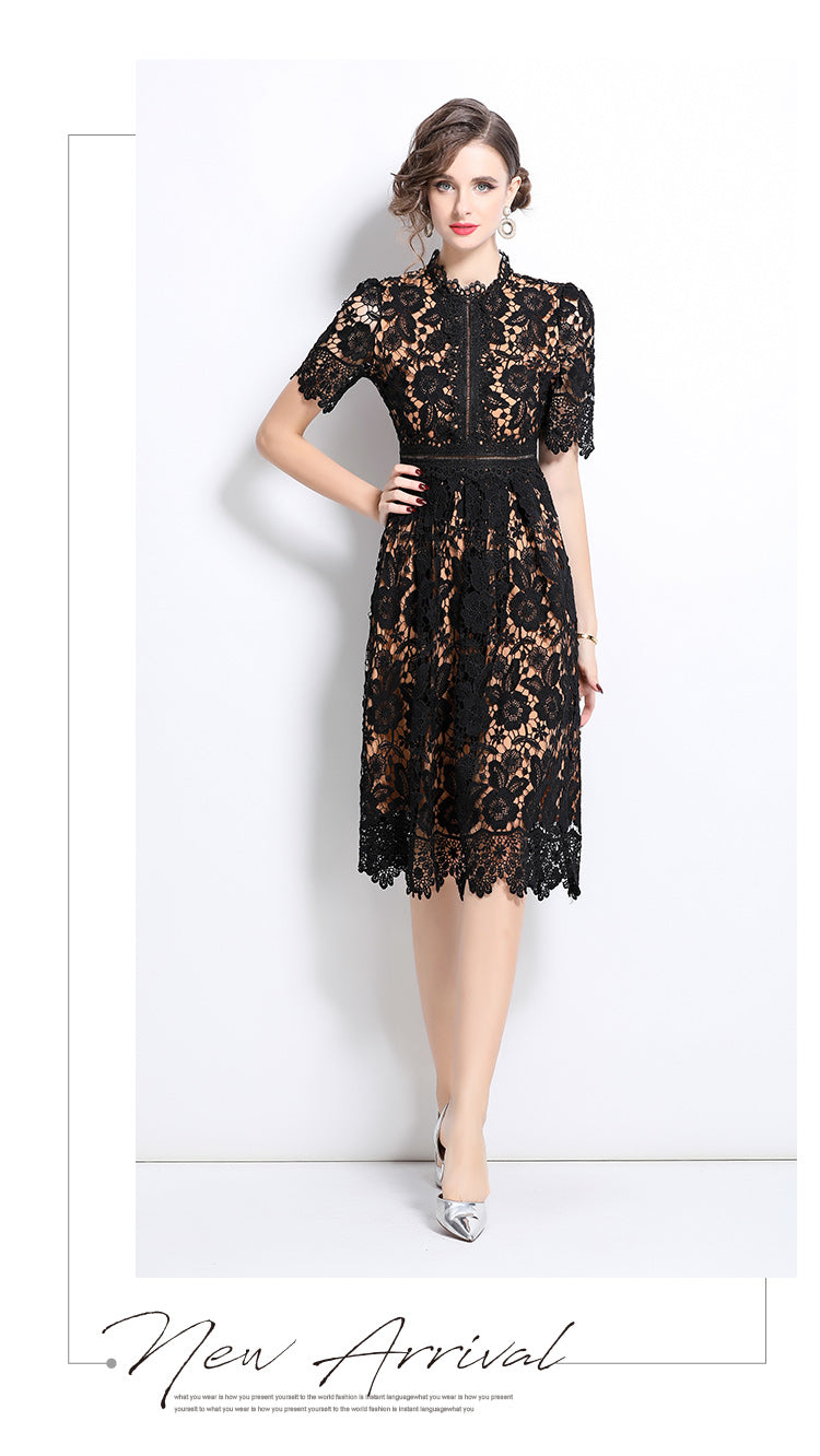 Original design short sleeved slimming hollow out water-soluble lace positioning mid length dress
