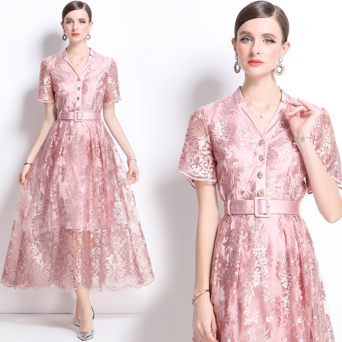 Original design mesh embroidered long dress with pockets, V-neck slim fit dress and belt