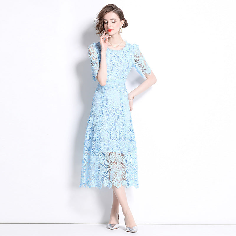 Original design temperament short sleeved skirt slim fit waist cinching heavy industry water-soluble lace dress for women