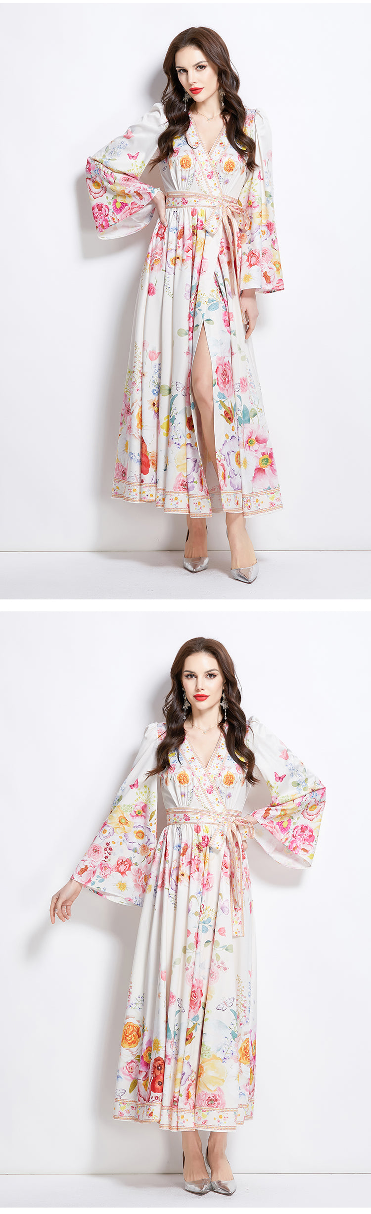 Original Design Spring/Summer New Oil Painting Flower Pattern Wrapped Mid length Dress