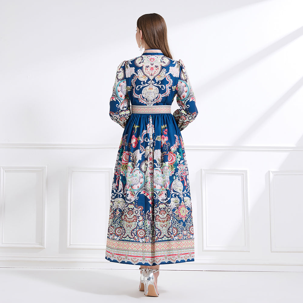 Original design - Spring, Summer, Autumn court style stand collar vintage print balloon sleeve ruffled maxi dress