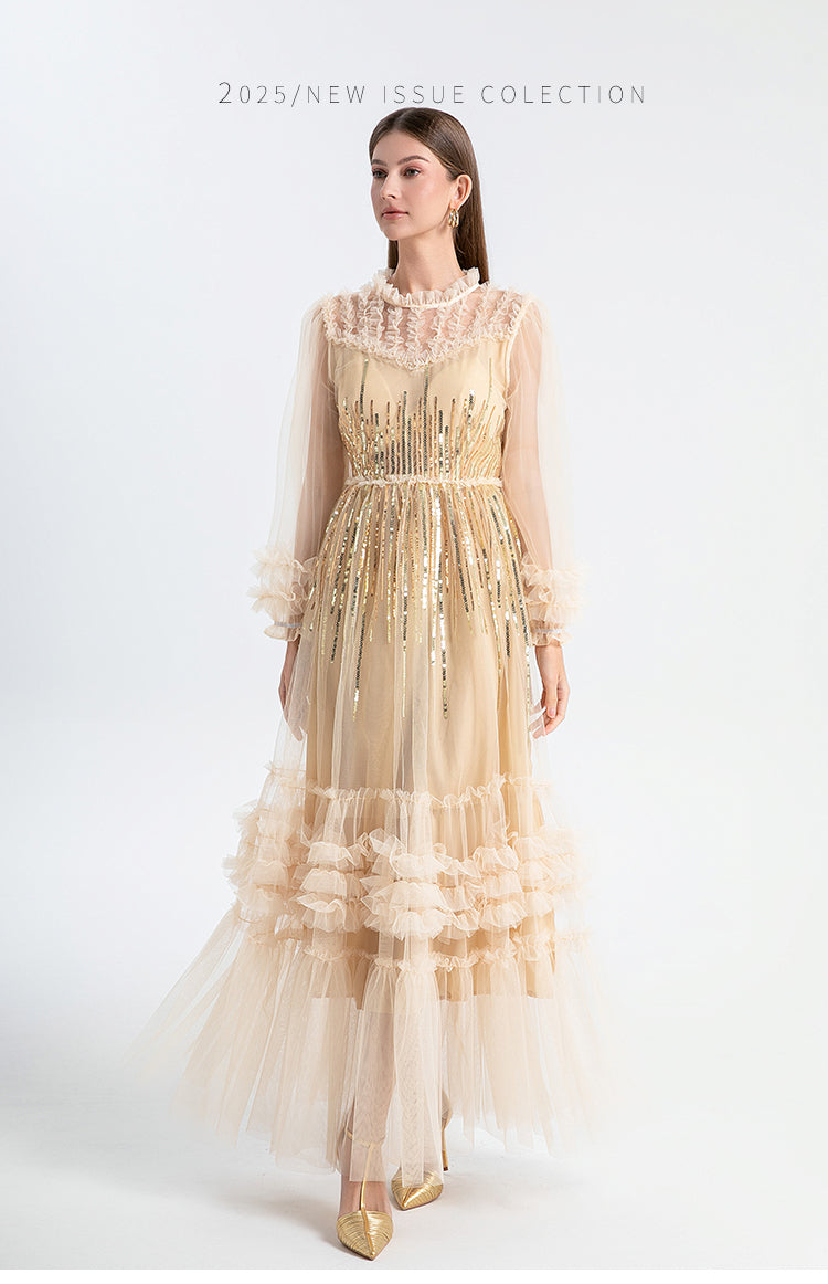 Meizhonggong embroidered sequins mesh stitching fungus edge temperament dress dress