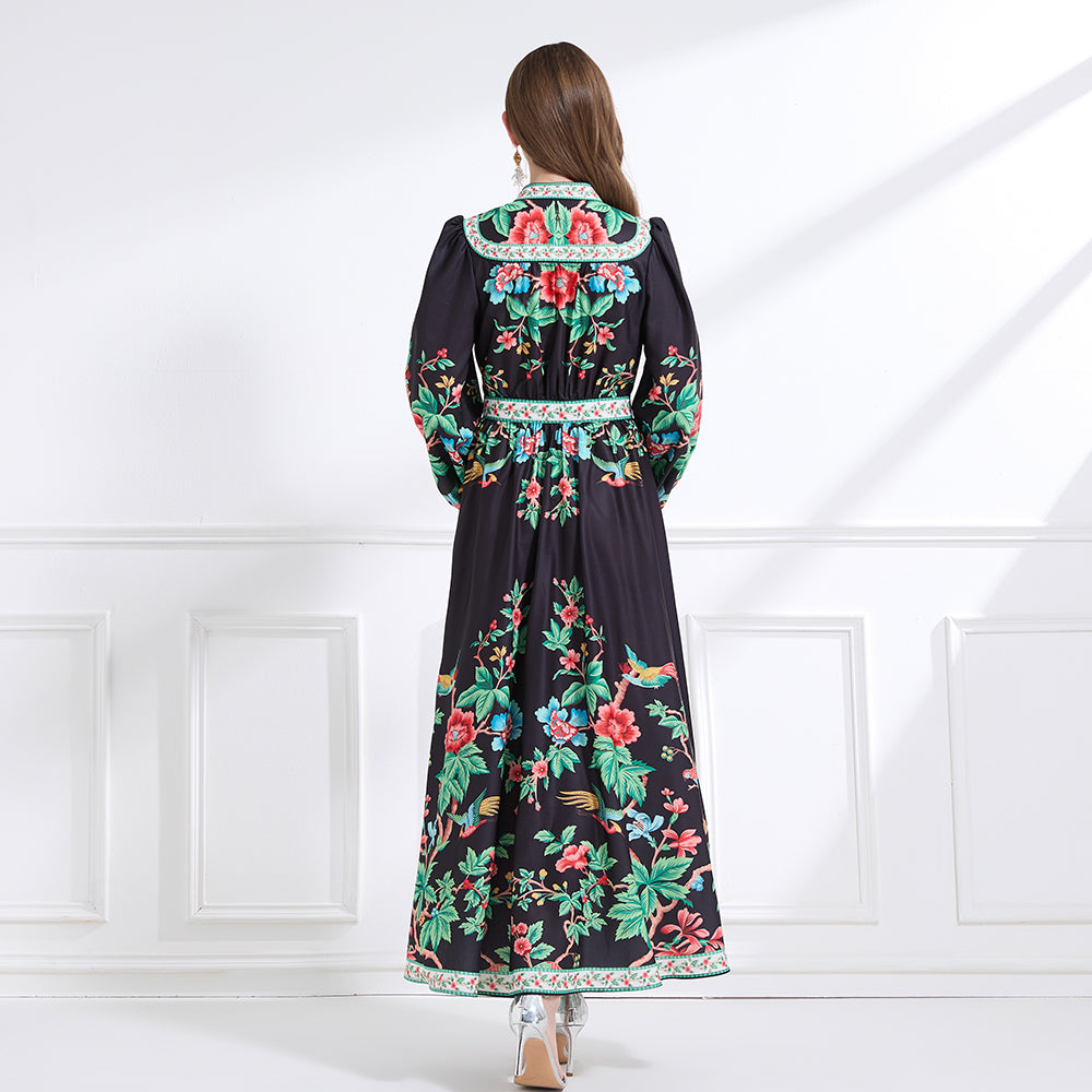Original design Spring/summer resort-style V-neck, linen, floral, printed, balloon-sleeved, waist-cinching, ruffled maxi skirt