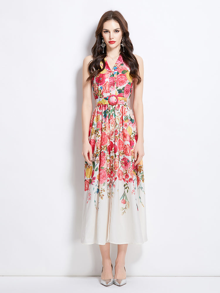 Original design for spring and summer vacation, new floral oil painting style shirt style long dress