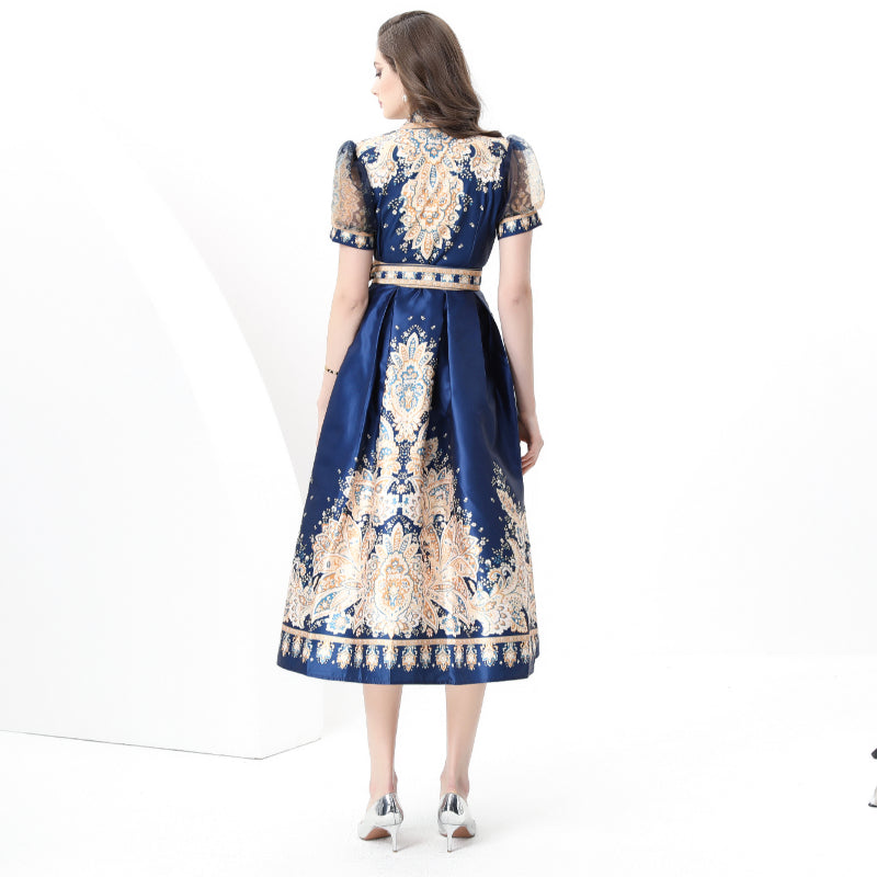 Spring/summer wrap tie style V-neck balloon sleeve long vintage print dress