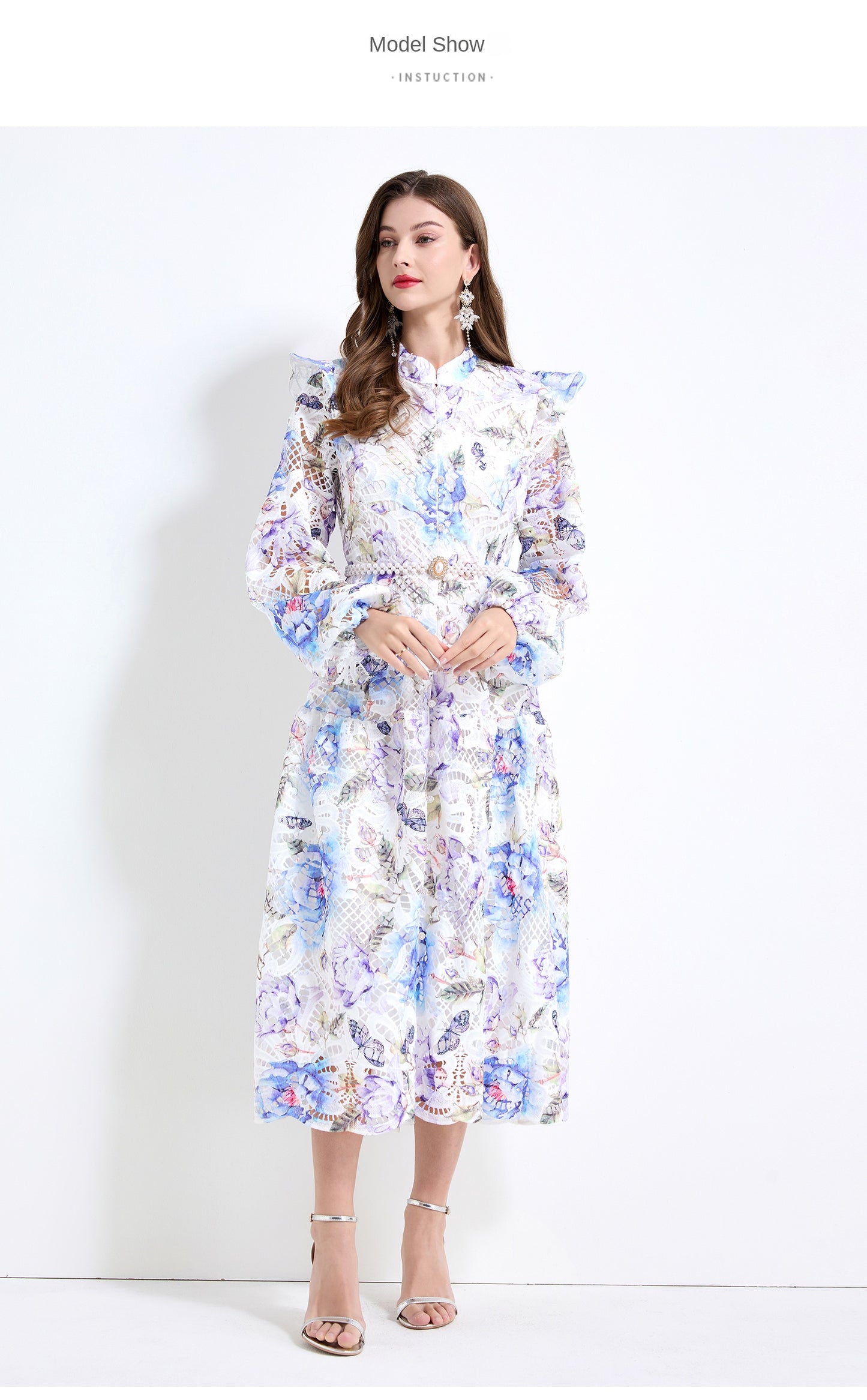 Original design - Spring/Summer vintage stand collar floral print heavy industry water-soluble long waist lace dress