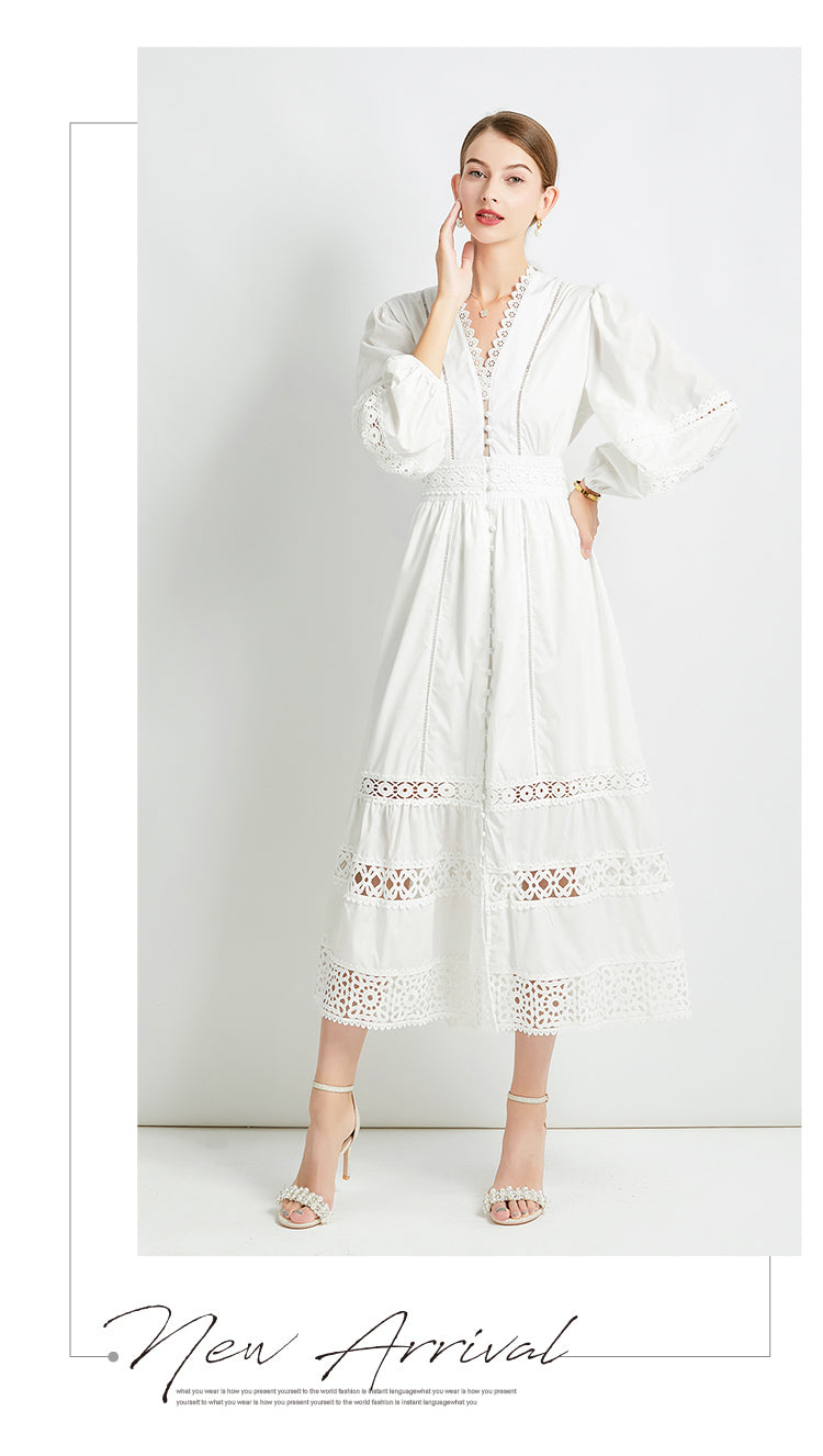 Original design fashionable temperament V-neck patchwork lace hollow out design sense long sleeved waist cinching dress
