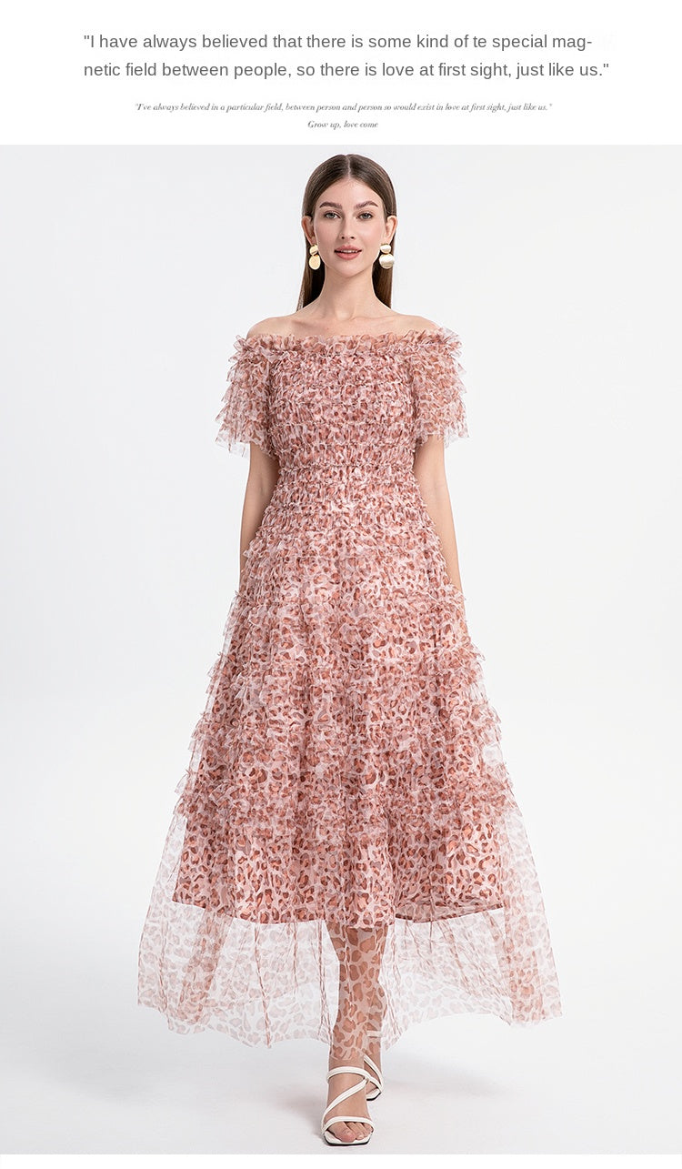 Beautiful French leopard print puff sleeve one-shoulder mesh temperament dress