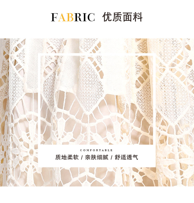 Original design mid long sleeved slimming hollow out water-soluble lace positioning printed mid length dress for spring, summer, autumn vacation