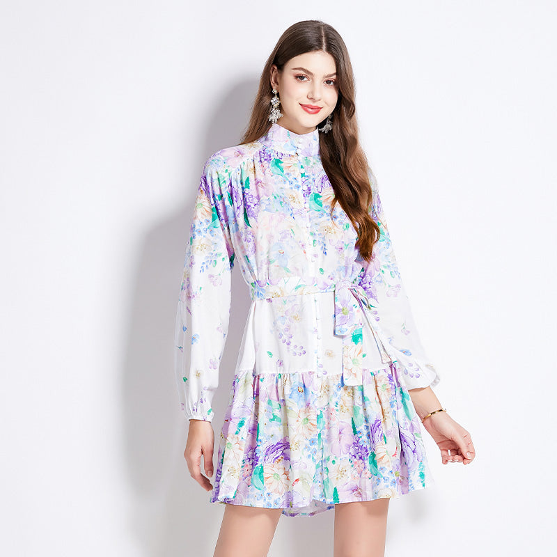 Original Design Spring/Summer Autumn Vacation New Flower Oil Painting Style Stand up Neck Short Dress