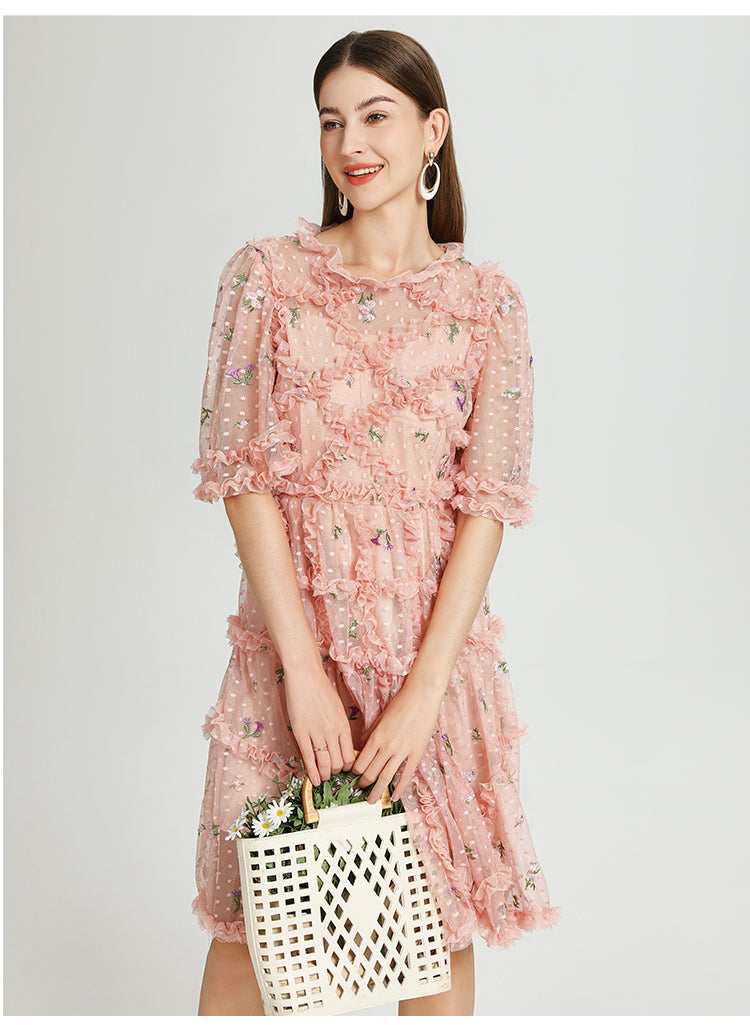 Artwork French romantic boutique custom gauze small floral embroidery short vintage cake dress