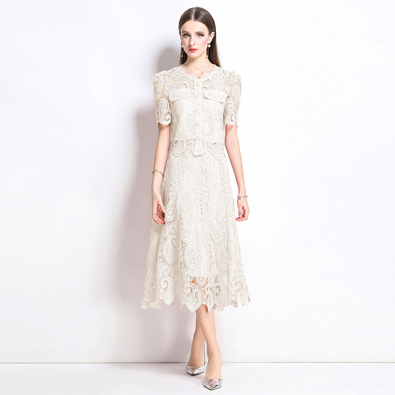 Original design for spring and summer small fragrance style set light luxury and high-end water-soluble lace skirt two-piece set